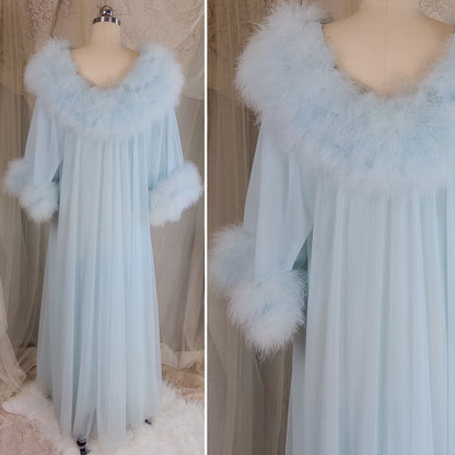 1960's Nightgown & Peignoir Set - Bright Baby Blue Nylon Chiffon with Marabou Feather Trim by Intime of California | Small, Medium - Daggers & Dames
