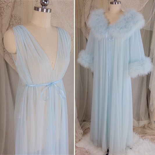 1960's Nightgown & Peignoir Set - Bright Baby Blue Nylon Chiffon with Marabou Feather Trim by Intime of California | Small, Medium - Daggers & Dames