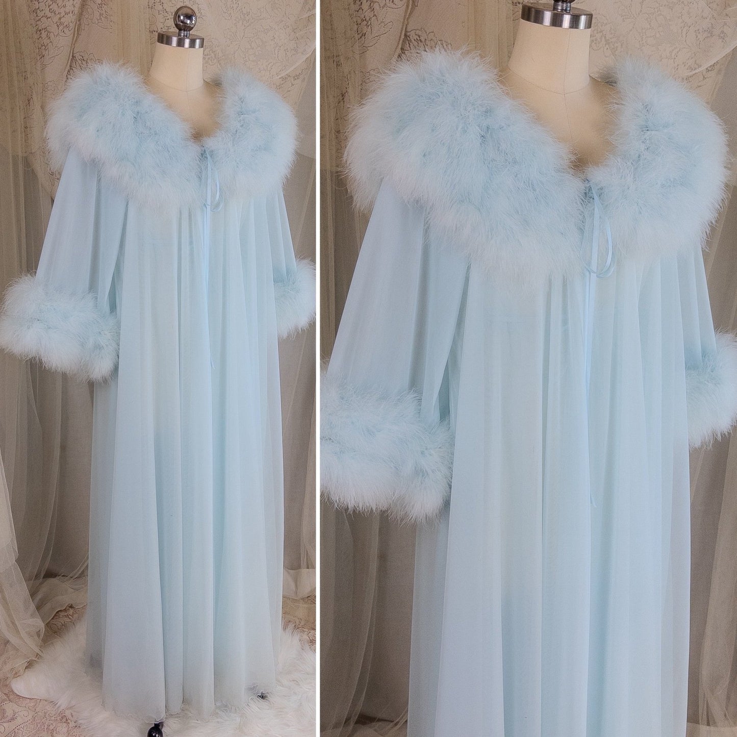 1960's Nightgown & Peignoir Set - Bright Baby Blue Nylon Chiffon with Marabou Feather Trim by Intime of California | Small, Medium - Daggers & Dames