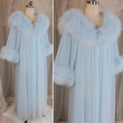 1960's Nightgown & Peignoir Set - Bright Baby Blue Nylon Chiffon with Marabou Feather Trim by Intime of California | Small, Medium - Daggers & Dames
