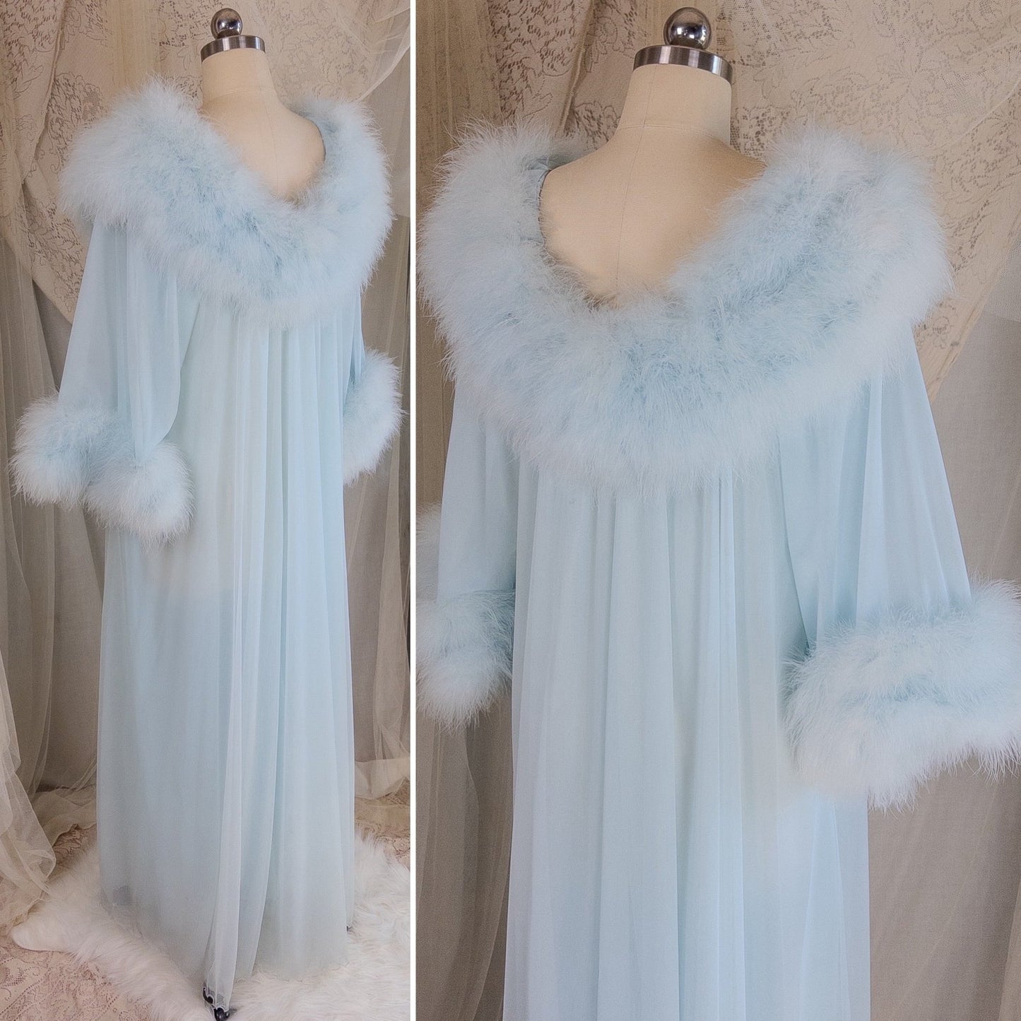 1960's Nightgown & Peignoir Set - Bright Baby Blue Nylon Chiffon with Marabou Feather Trim by Intime of California | Small, Medium - Daggers & Dames