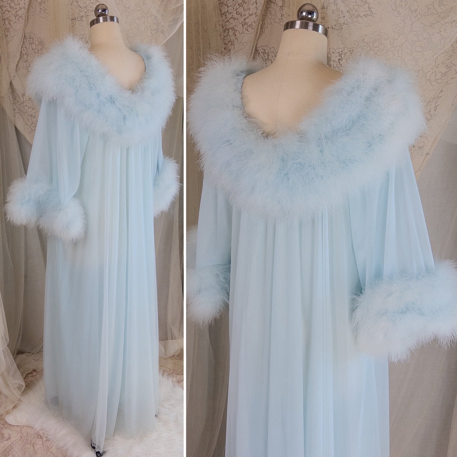 1960's Nightgown & Peignoir Set - Bright Baby Blue Nylon Chiffon with Marabou Feather Trim by Intime of California | Small, Medium - Daggers & Dames