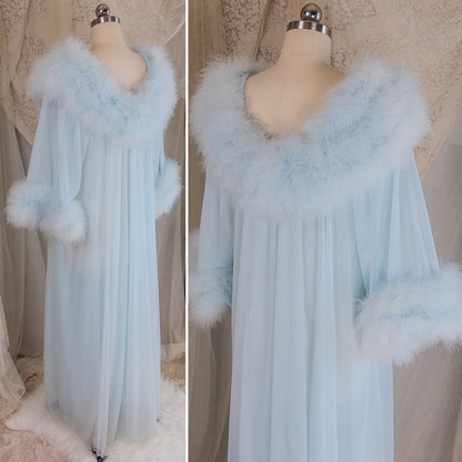 1960's Nightgown & Peignoir Set - Bright Baby Blue Nylon Chiffon with Marabou Feather Trim by Intime of California | Small, Medium - Daggers & Dames