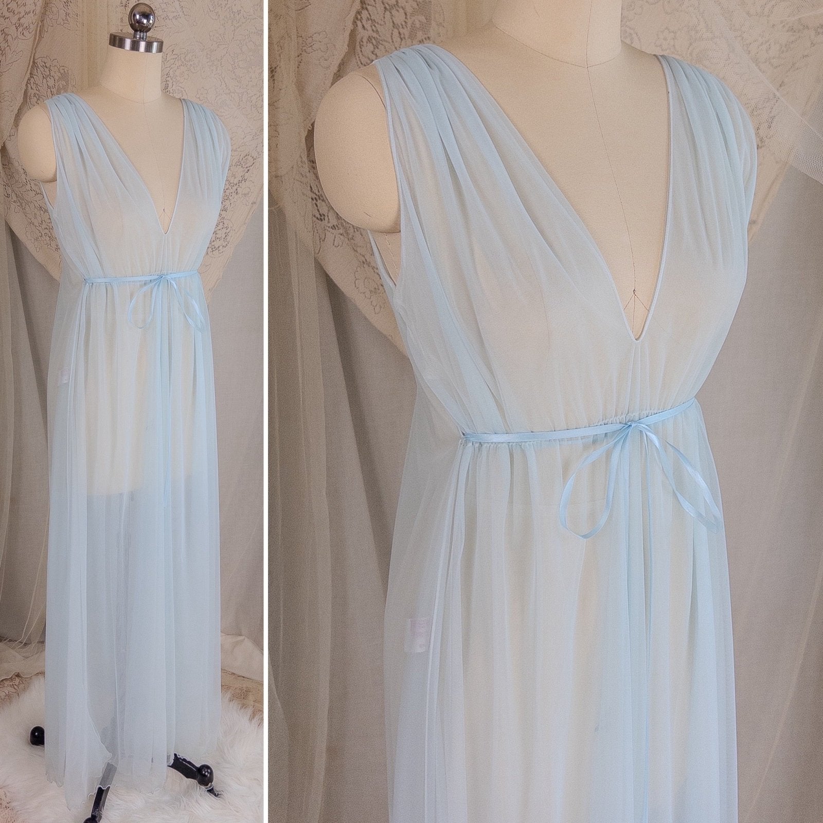 1960's Nightgown & Peignoir Set - Bright Baby Blue Nylon Chiffon with Marabou Feather Trim by Intime of California | Small, Medium - Daggers & Dames