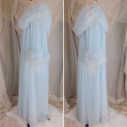 1960's Nightgown & Peignoir Set - Bright Baby Blue Nylon Chiffon with Marabou Feather Trim by Intime of California | Small, Medium - Daggers & Dames