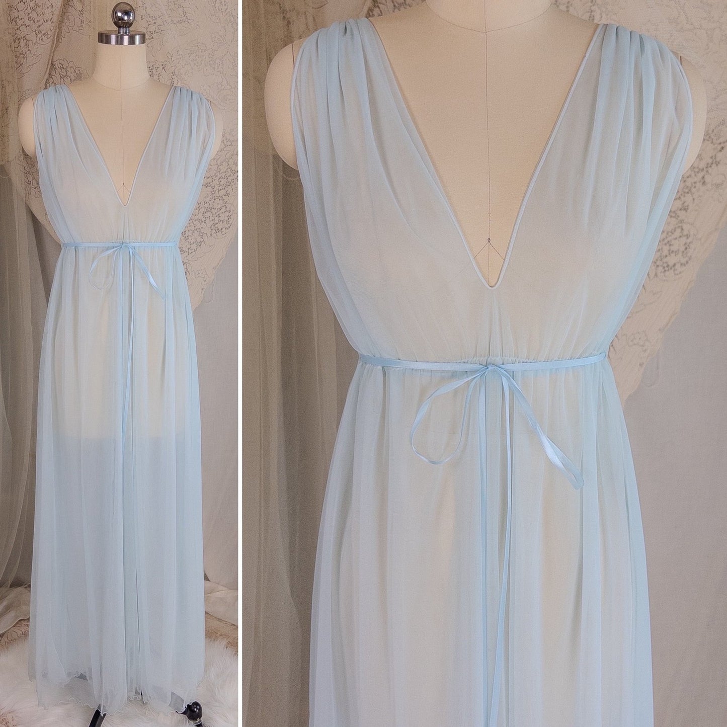 1960's Nightgown & Peignoir Set - Bright Baby Blue Nylon Chiffon with Marabou Feather Trim by Intime of California | Small, Medium - Daggers & Dames