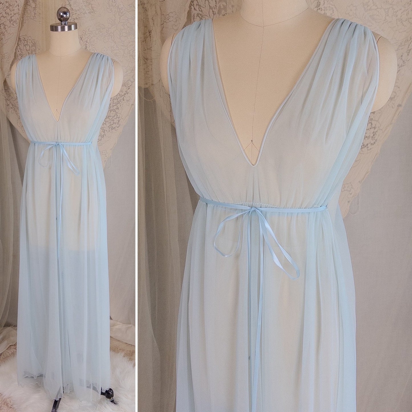1960's Nightgown & Peignoir Set - Bright Baby Blue Nylon Chiffon with Marabou Feather Trim by Intime of California | Small, Medium - Daggers & Dames