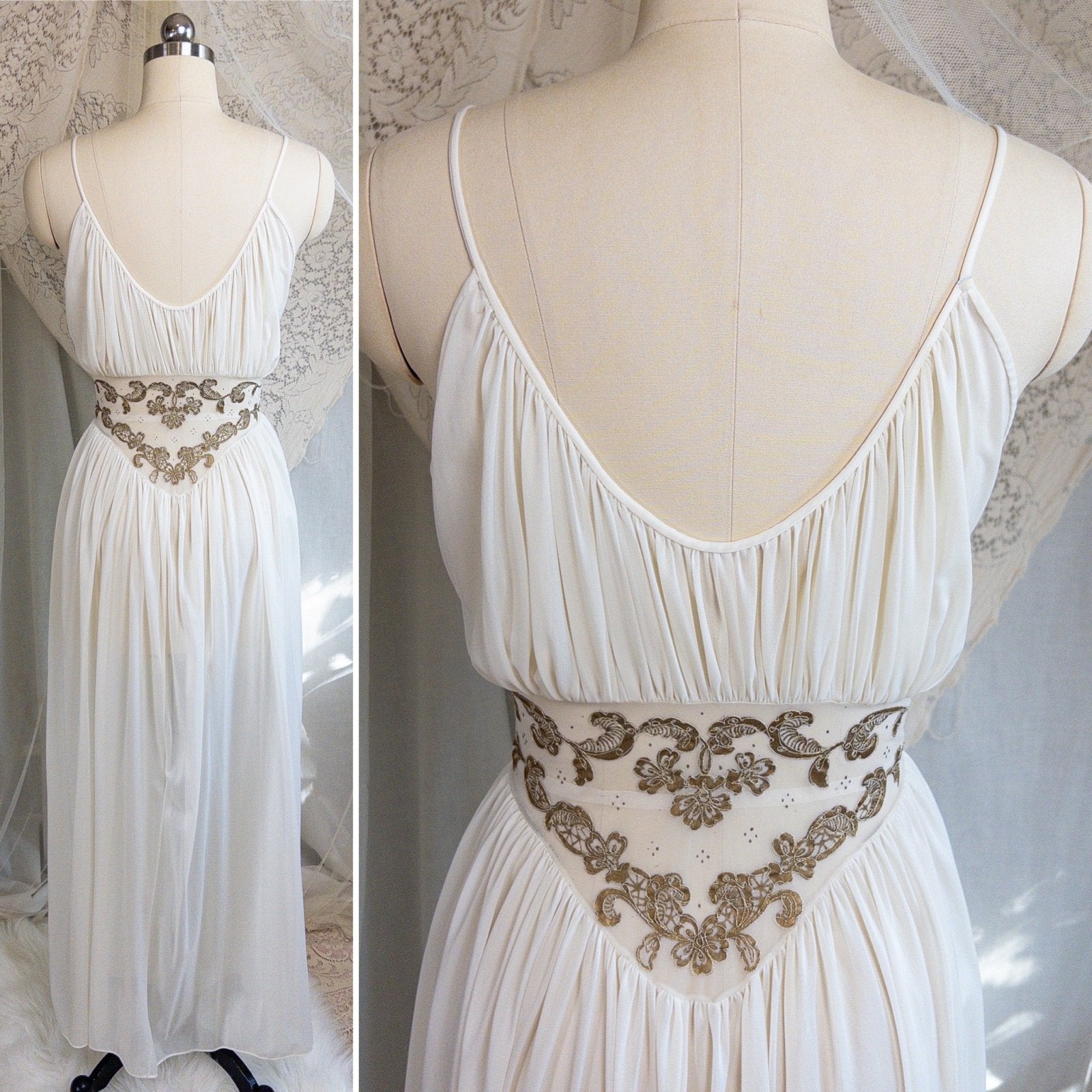 1960s Nightgown & Peignoir Set - White Nylon Chiffon with Gold Metallic Floral Print by Rogers | Medium - Daggers & Dames