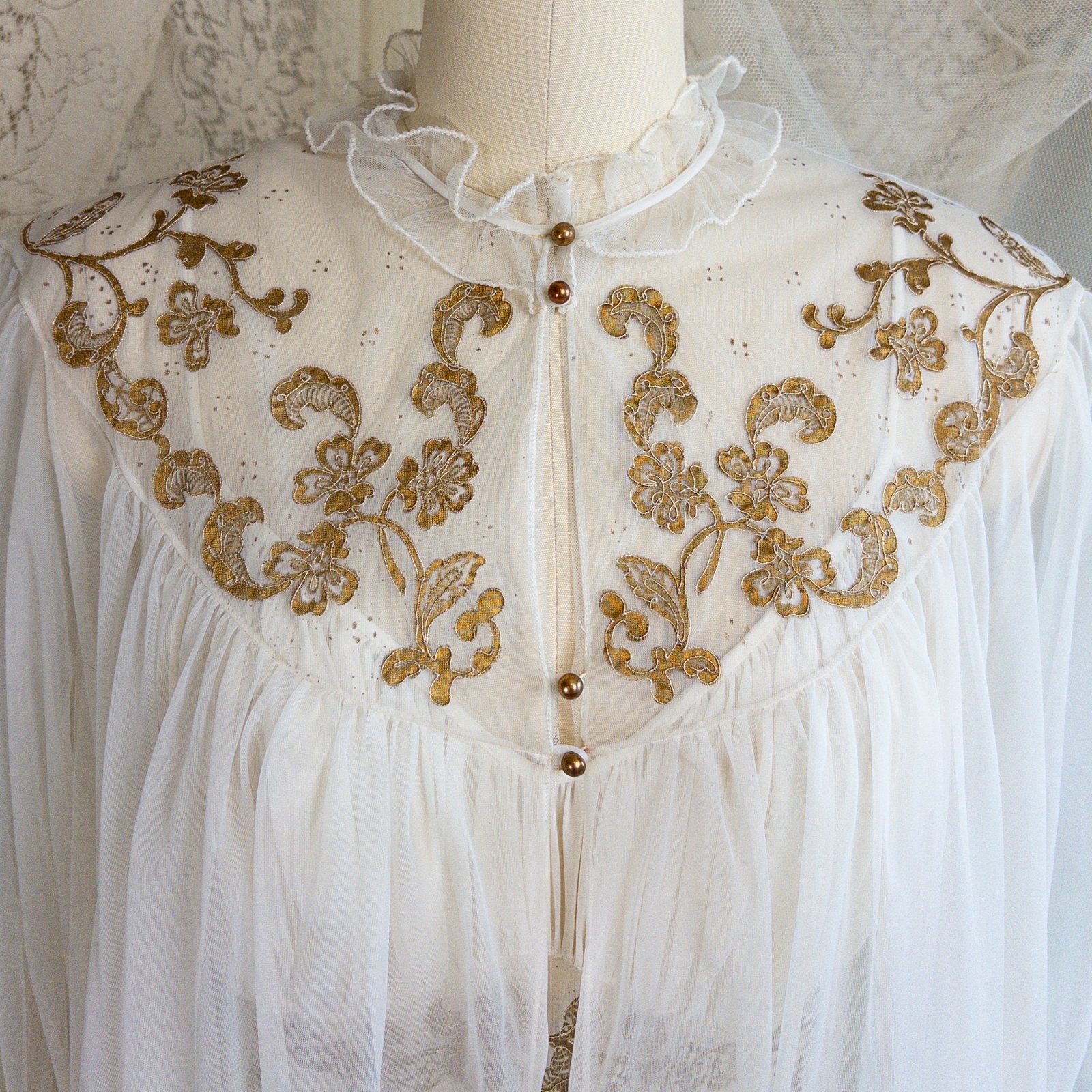 1960s Nightgown & Peignoir Set - White Nylon Chiffon with Gold Metallic Floral Print by Rogers | Medium - Daggers & Dames