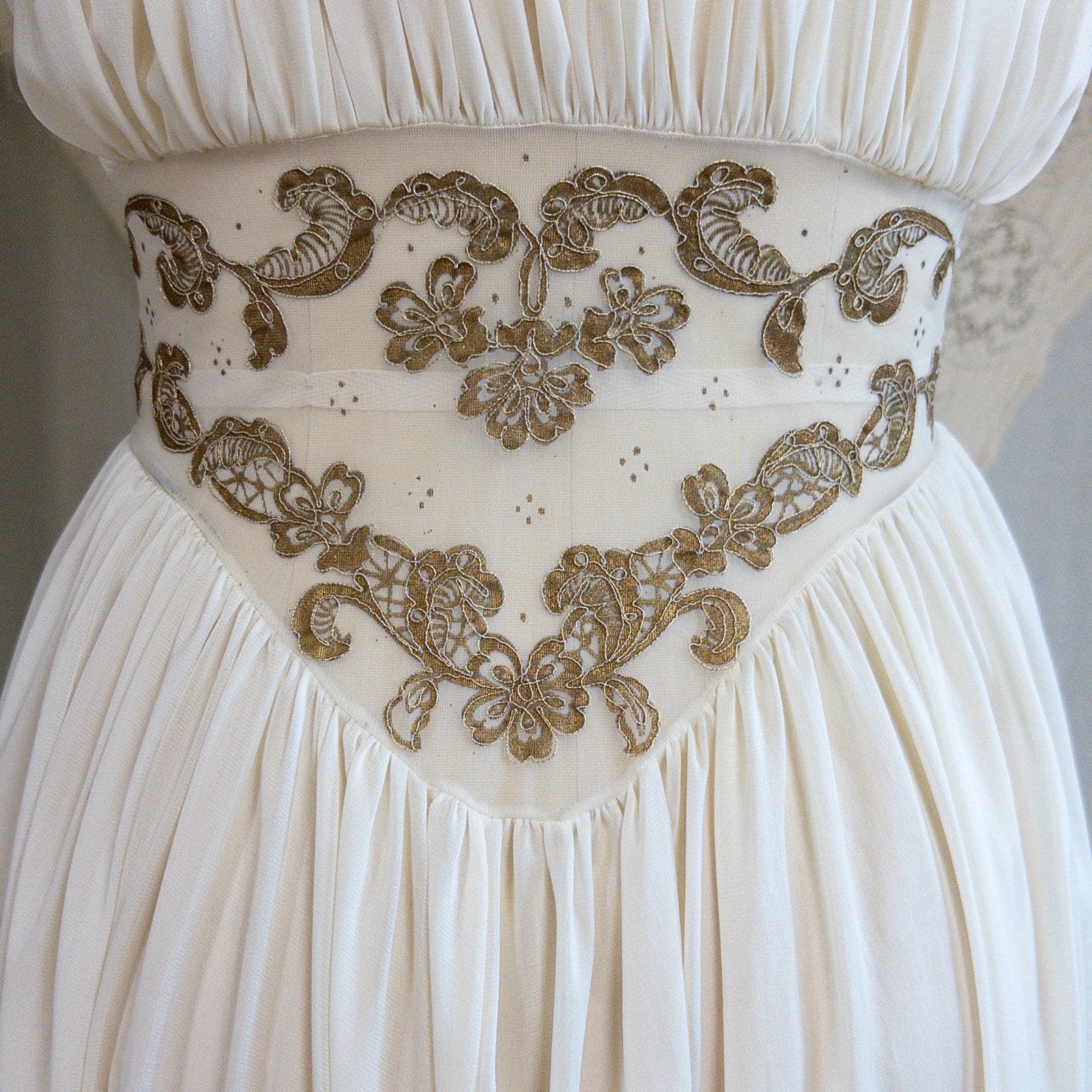 1960s Nightgown & Peignoir Set - White Nylon Chiffon with Gold Metallic Floral Print by Rogers | Medium - Daggers & Dames