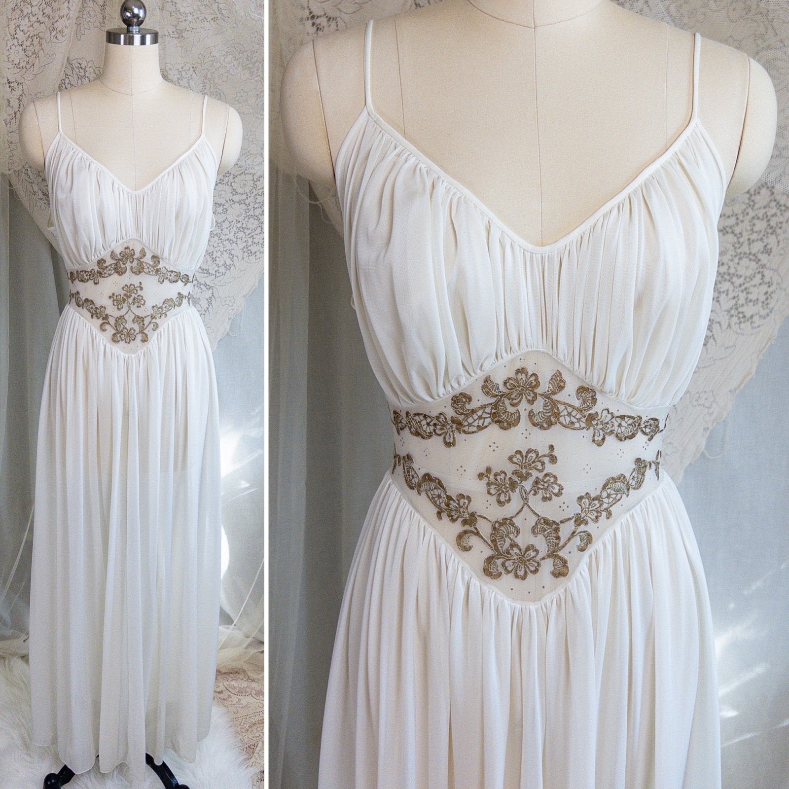 1960s Nightgown & Peignoir Set - White Nylon Chiffon with Gold Metallic Floral Print by Rogers | Medium - Daggers & Dames