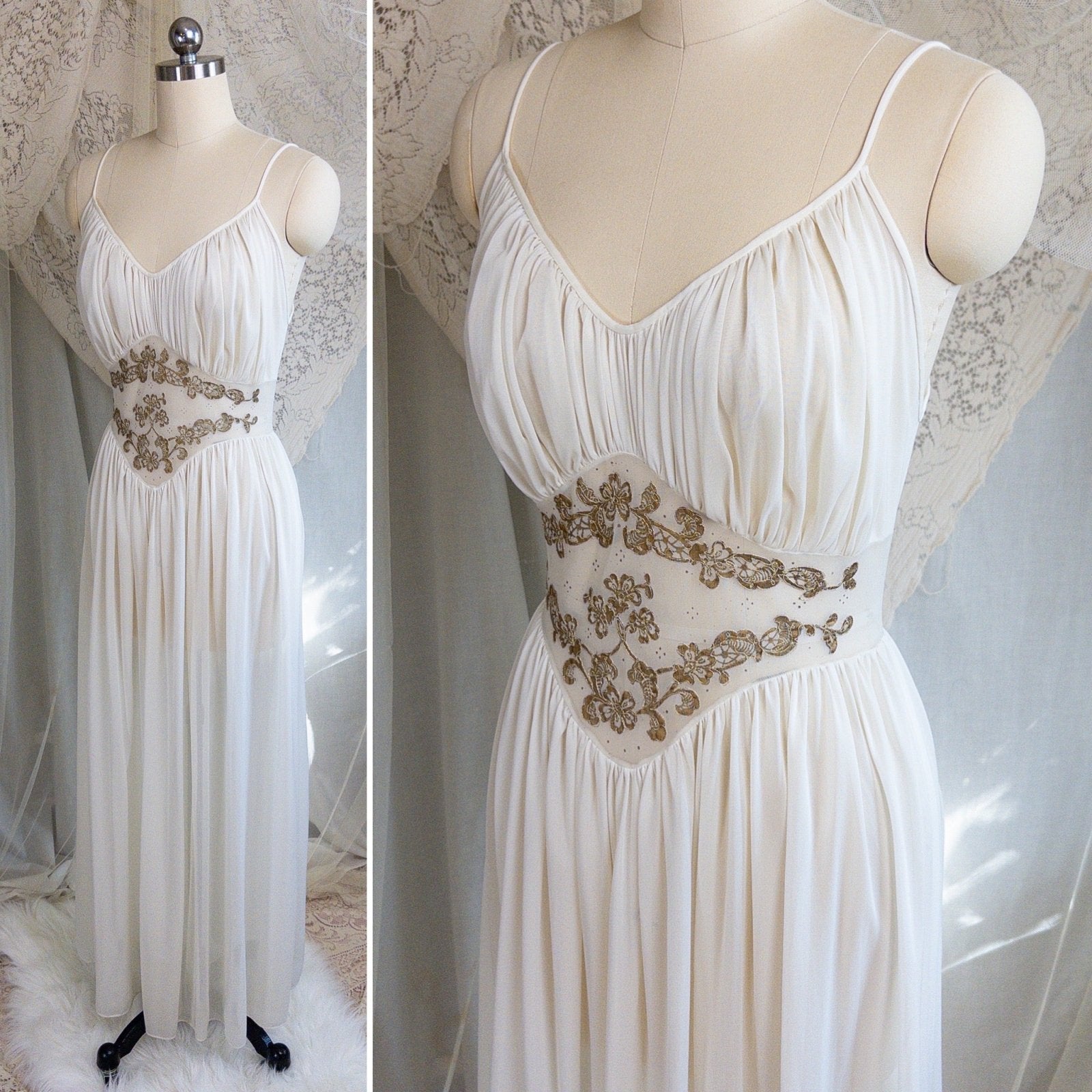 1960s Nightgown & Peignoir Set - White Nylon Chiffon with Gold Metallic Floral Print by Rogers | Medium - Daggers & Dames