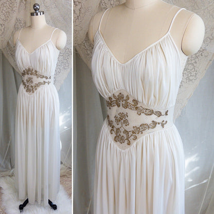 1960s Nightgown & Peignoir Set - White Nylon Chiffon with Gold Metallic Floral Print by Rogers | Medium - Daggers & Dames