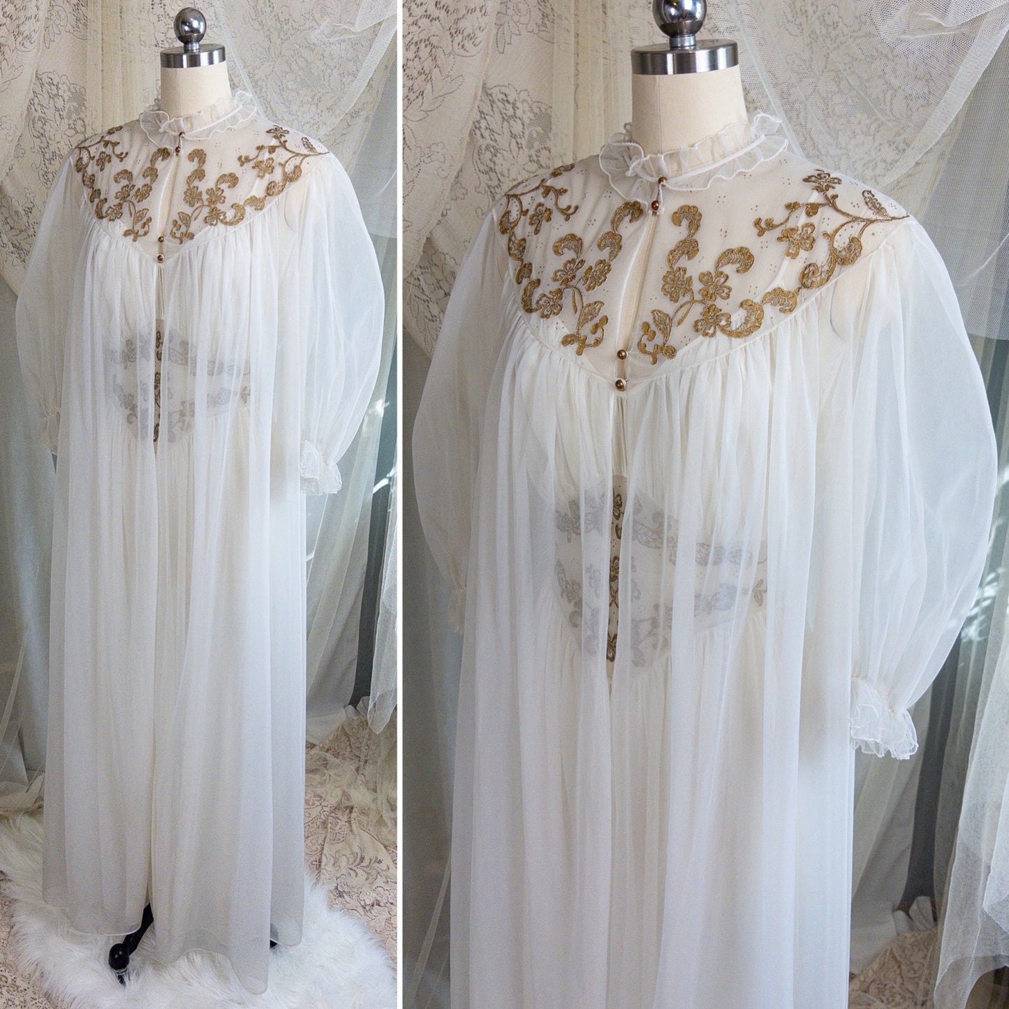 1960s Nightgown & Peignoir Set - White Nylon Chiffon with Gold Metallic Floral Print by Rogers | Medium - Daggers & Dames