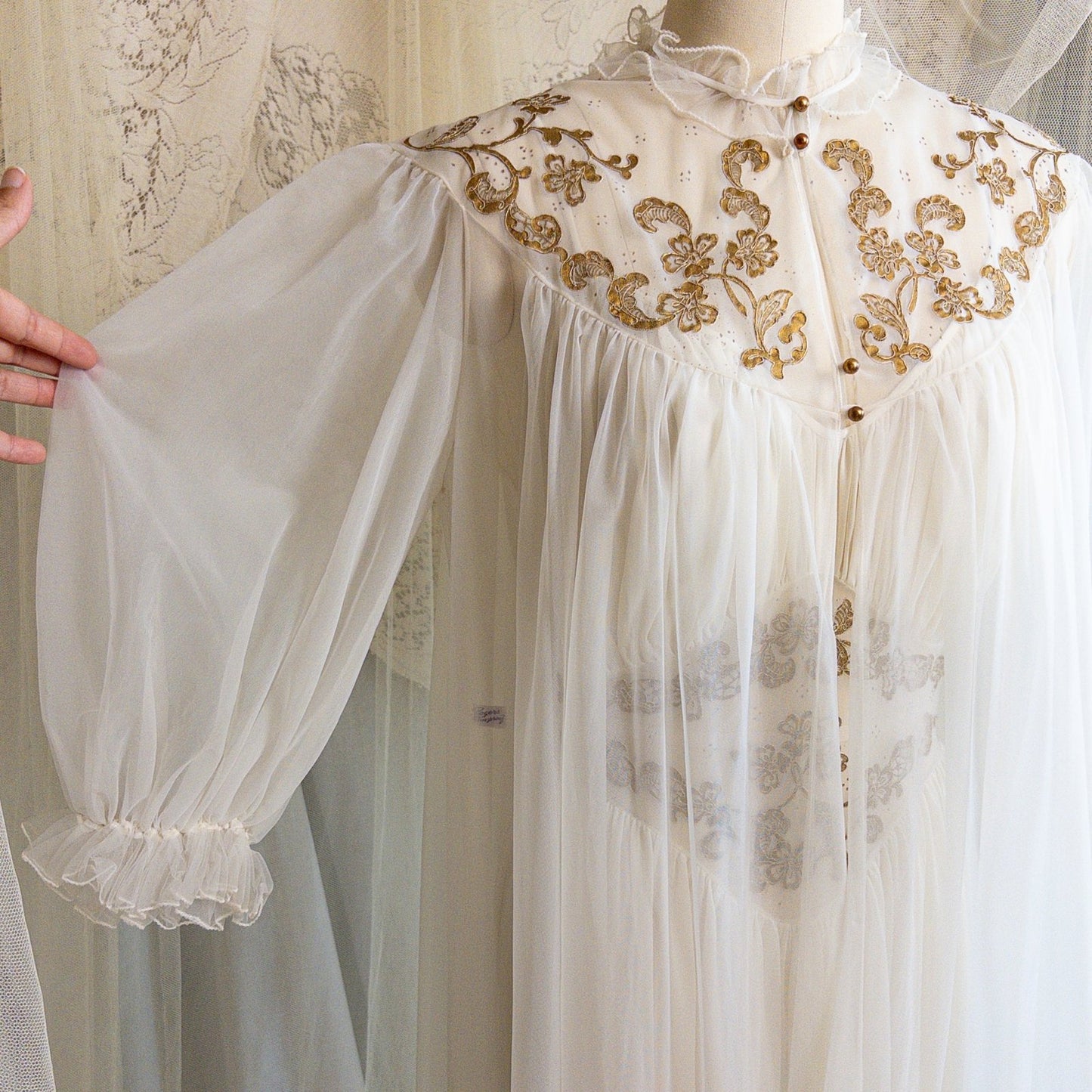 1960s Nightgown & Peignoir Set - White Nylon Chiffon with Gold Metallic Floral Print by Rogers | Medium - Daggers & Dames