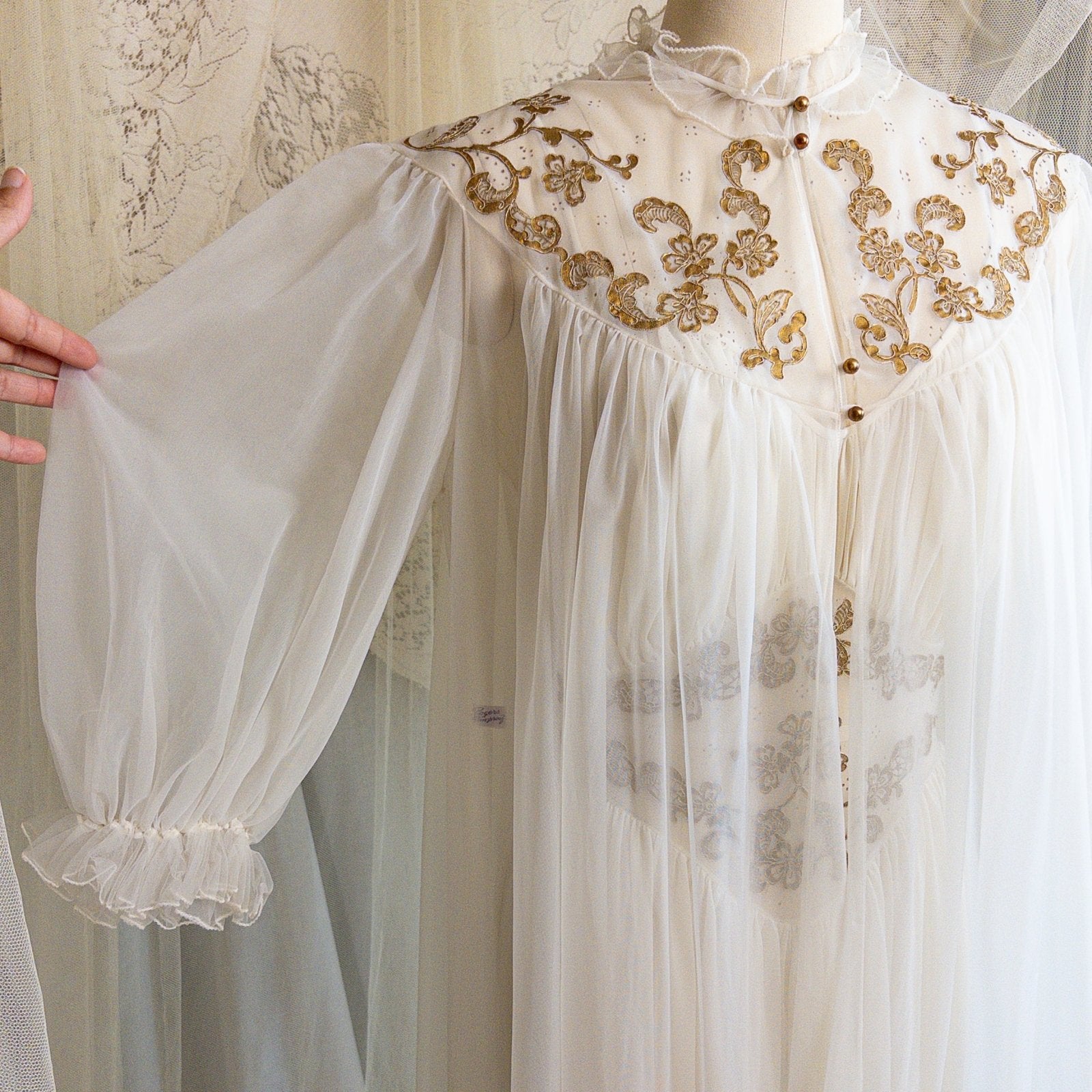 1960s Nightgown & Peignoir Set - White Nylon Chiffon with Gold Metallic Floral Print by Rogers | Medium - Daggers & Dames