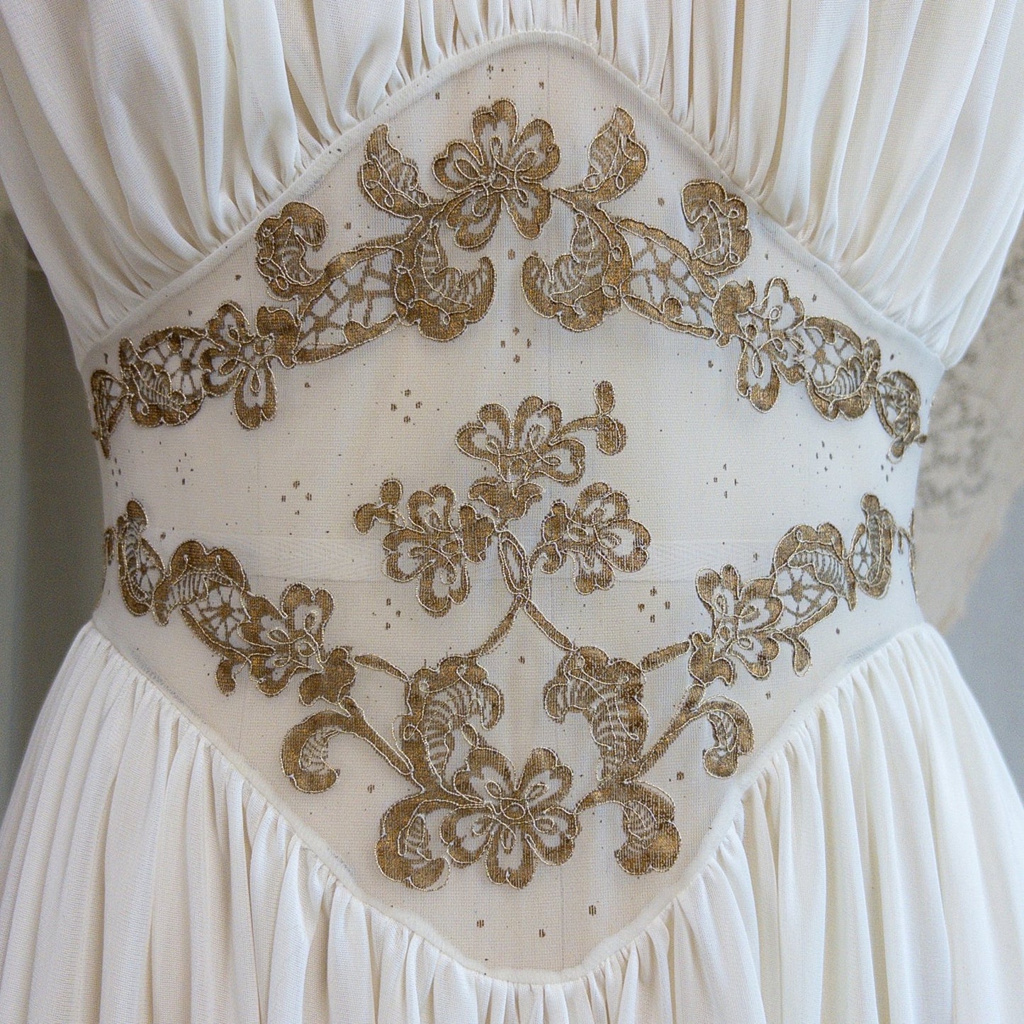 1960s Nightgown & Peignoir Set - White Nylon Chiffon with Gold Metallic Floral Print by Rogers | Medium - Daggers & Dames