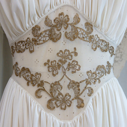 1960s Nightgown & Peignoir Set - White Nylon Chiffon with Gold Metallic Floral Print by Rogers | Medium - Daggers & Dames