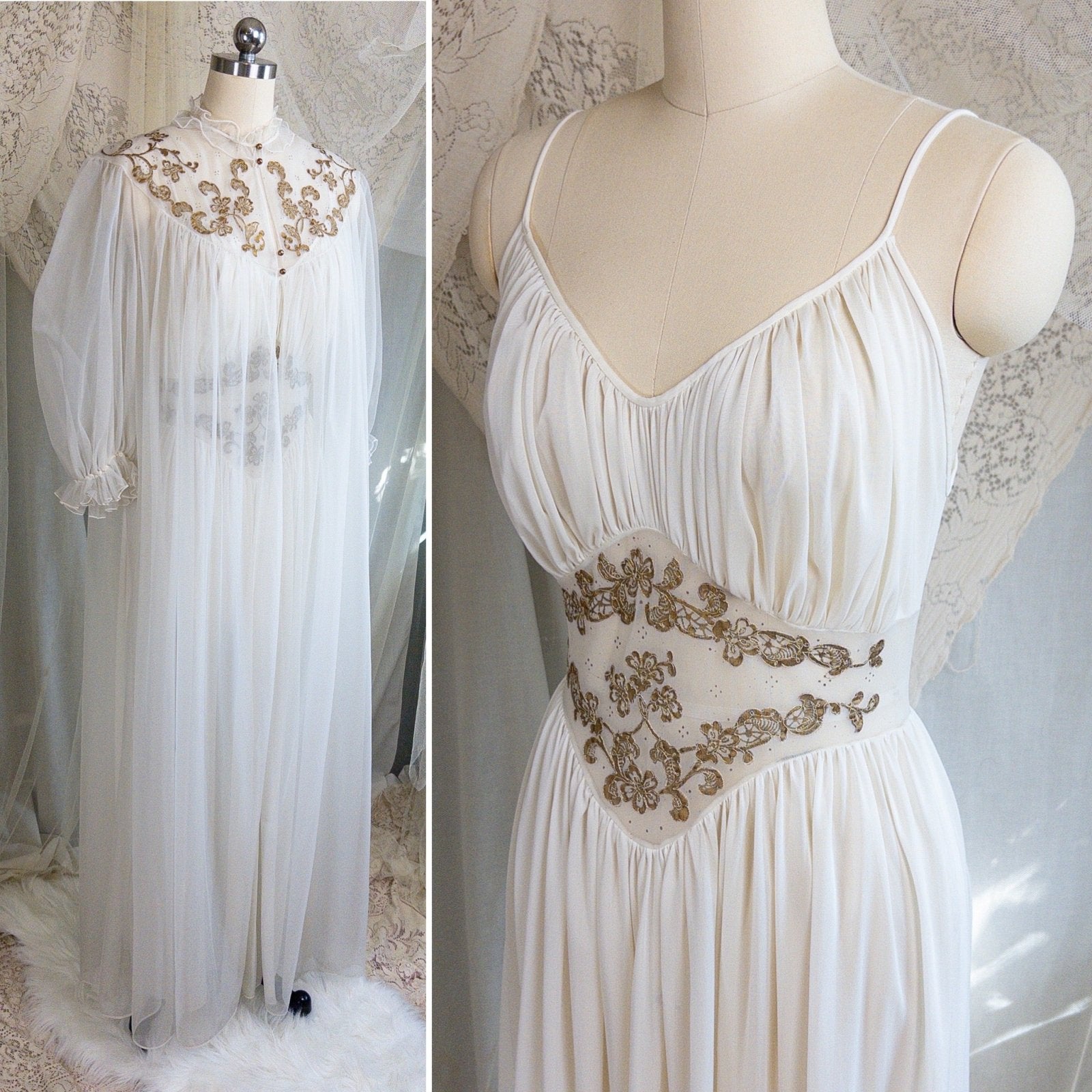 1960s Nightgown & Peignoir Set - White Nylon Chiffon with Gold Metallic Floral Print by Rogers | Medium - Daggers & Dames