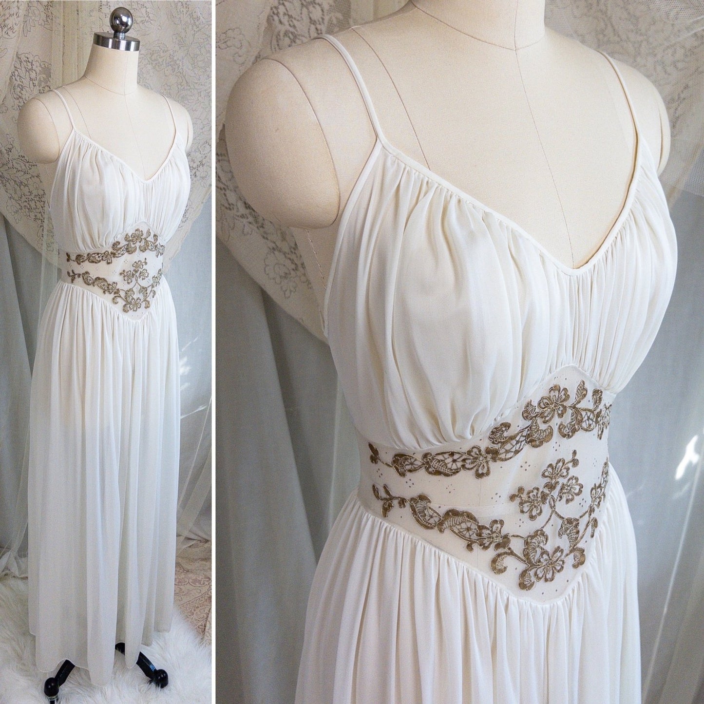 1960s Nightgown & Peignoir Set - White Nylon Chiffon with Gold Metallic Floral Print by Rogers | Medium - Daggers & Dames