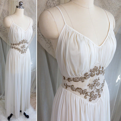 1960s Nightgown & Peignoir Set - White Nylon Chiffon with Gold Metallic Floral Print by Rogers | Medium - Daggers & Dames