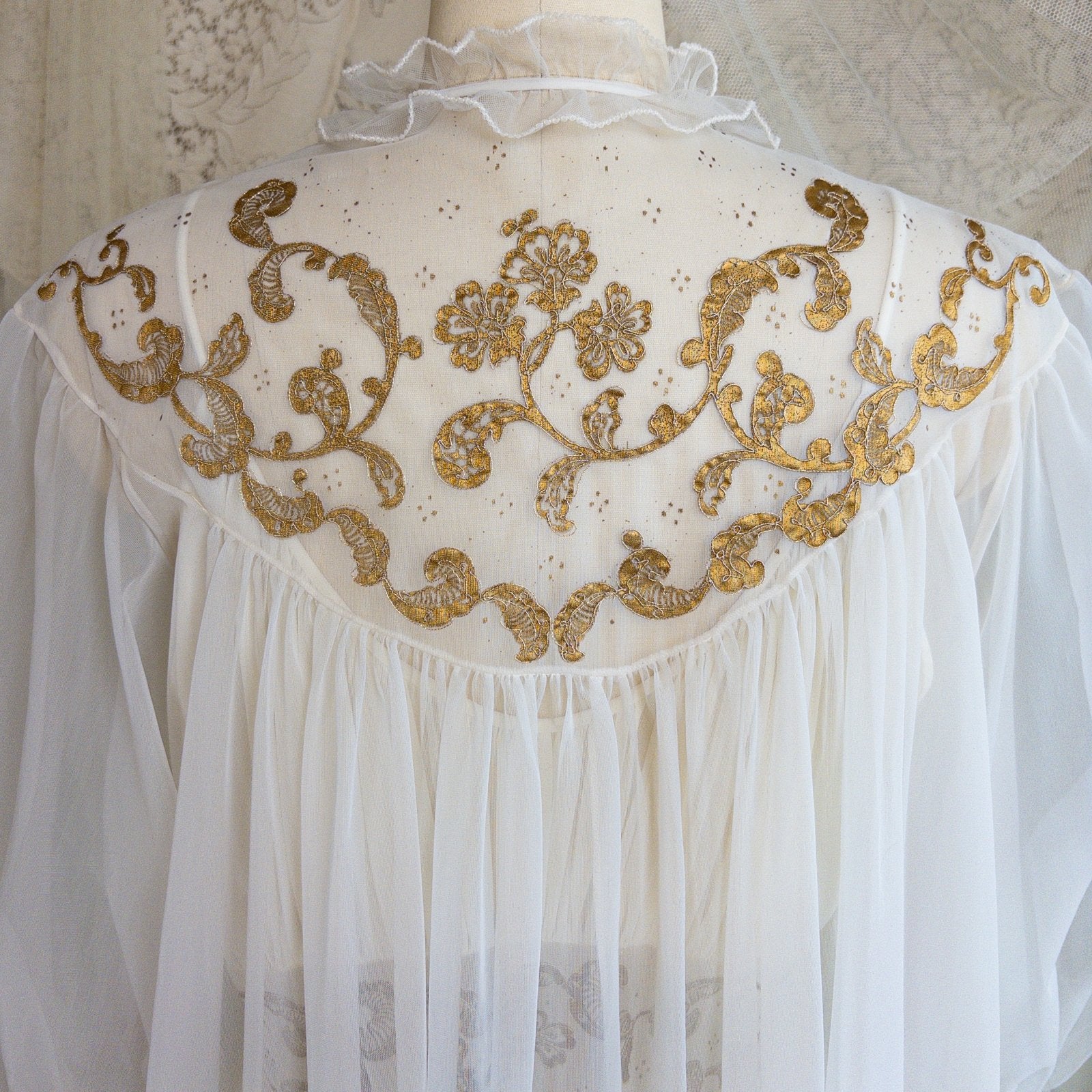 1960s Nightgown & Peignoir Set - White Nylon Chiffon with Gold Metallic Floral Print by Rogers | Medium - Daggers & Dames