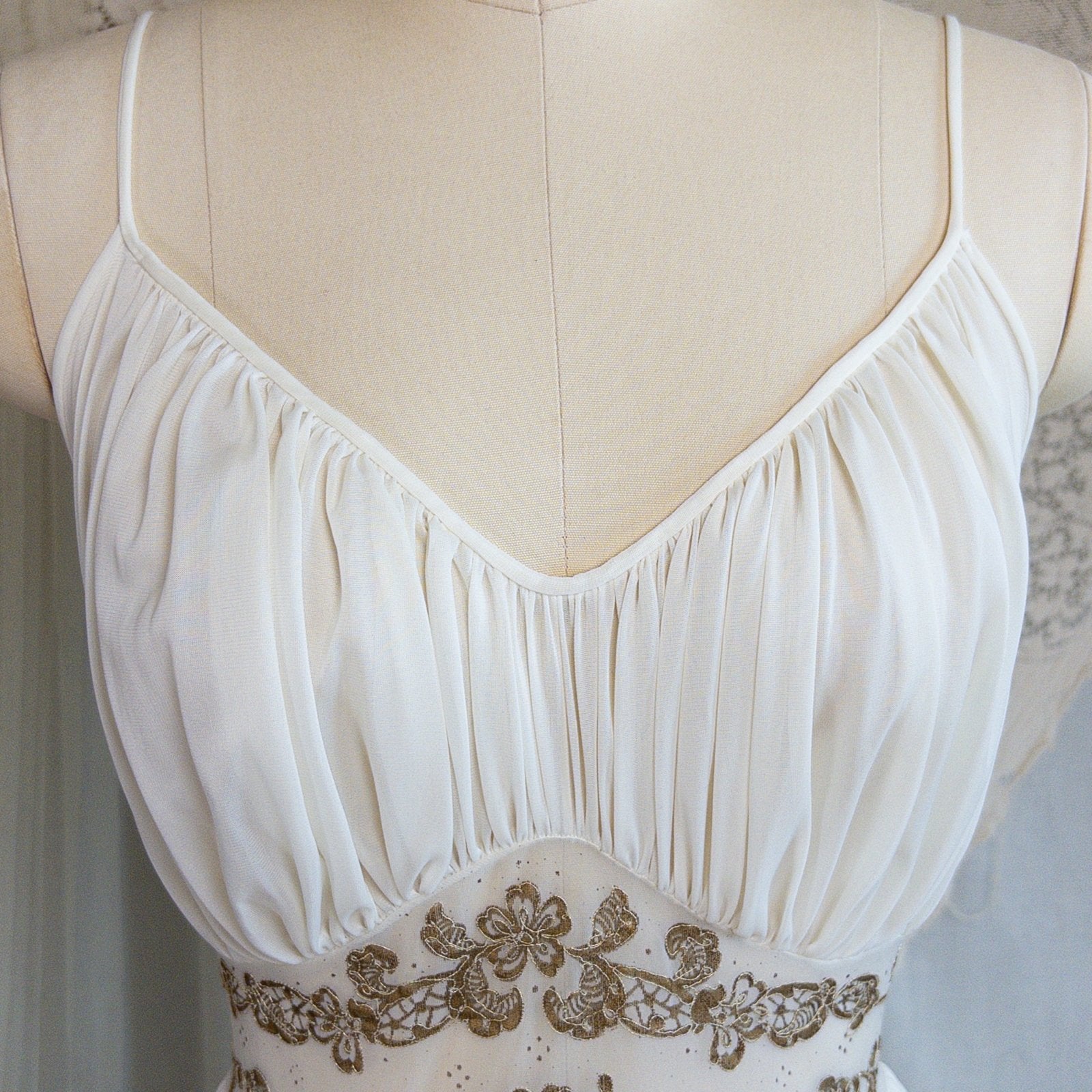 1960s Nightgown & Peignoir Set - White Nylon Chiffon with Gold Metallic Floral Print by Rogers | Medium - Daggers & Dames
