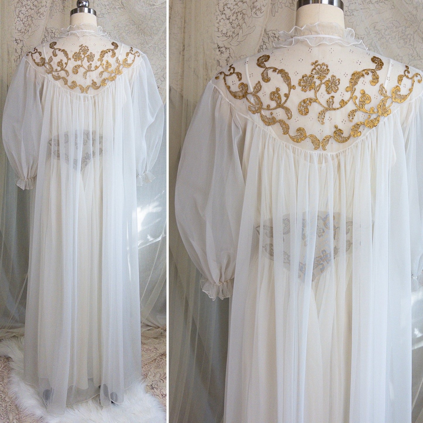 1960s Nightgown & Peignoir Set - White Nylon Chiffon with Gold Metallic Floral Print by Rogers | Medium - Daggers & Dames