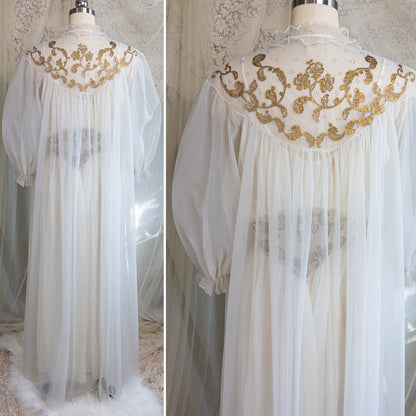 1960s Nightgown & Peignoir Set - White Nylon Chiffon with Gold Metallic Floral Print by Rogers | Medium - Daggers & Dames