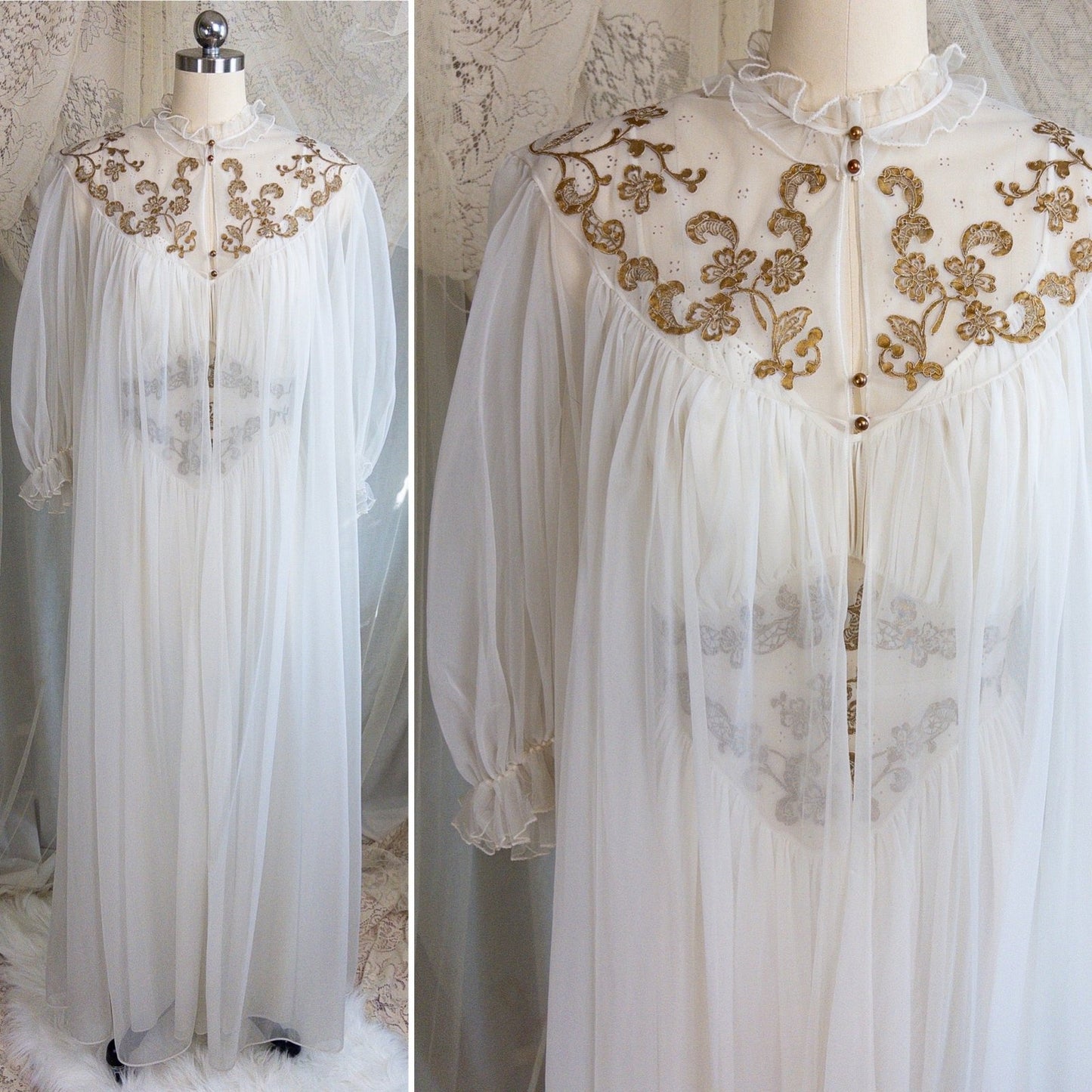 1960s Nightgown & Peignoir Set - White Nylon Chiffon with Gold Metallic Floral Print by Rogers | Medium - Daggers & Dames