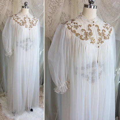 1960s Nightgown & Peignoir Set - White Nylon Chiffon with Gold Metallic Floral Print by Rogers | Medium - Daggers & Dames