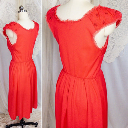 1960's Nightgown - Scarlet Red Nylon with Embroidered Chiffon - Daggers & Dames