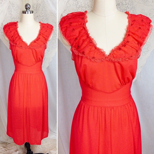 1960's Nightgown - Scarlet Red Nylon with Embroidered Chiffon - Daggers & Dames