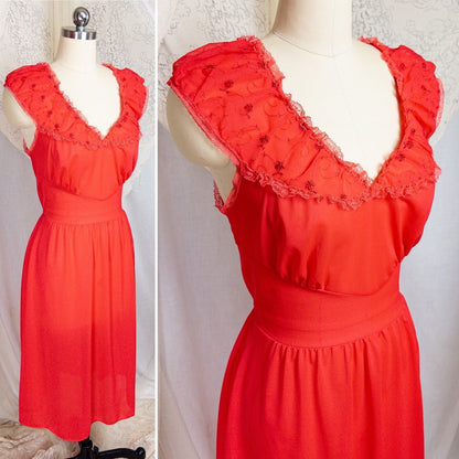 1960's Nightgown - Scarlet Red Nylon with Embroidered Chiffon - Daggers & Dames