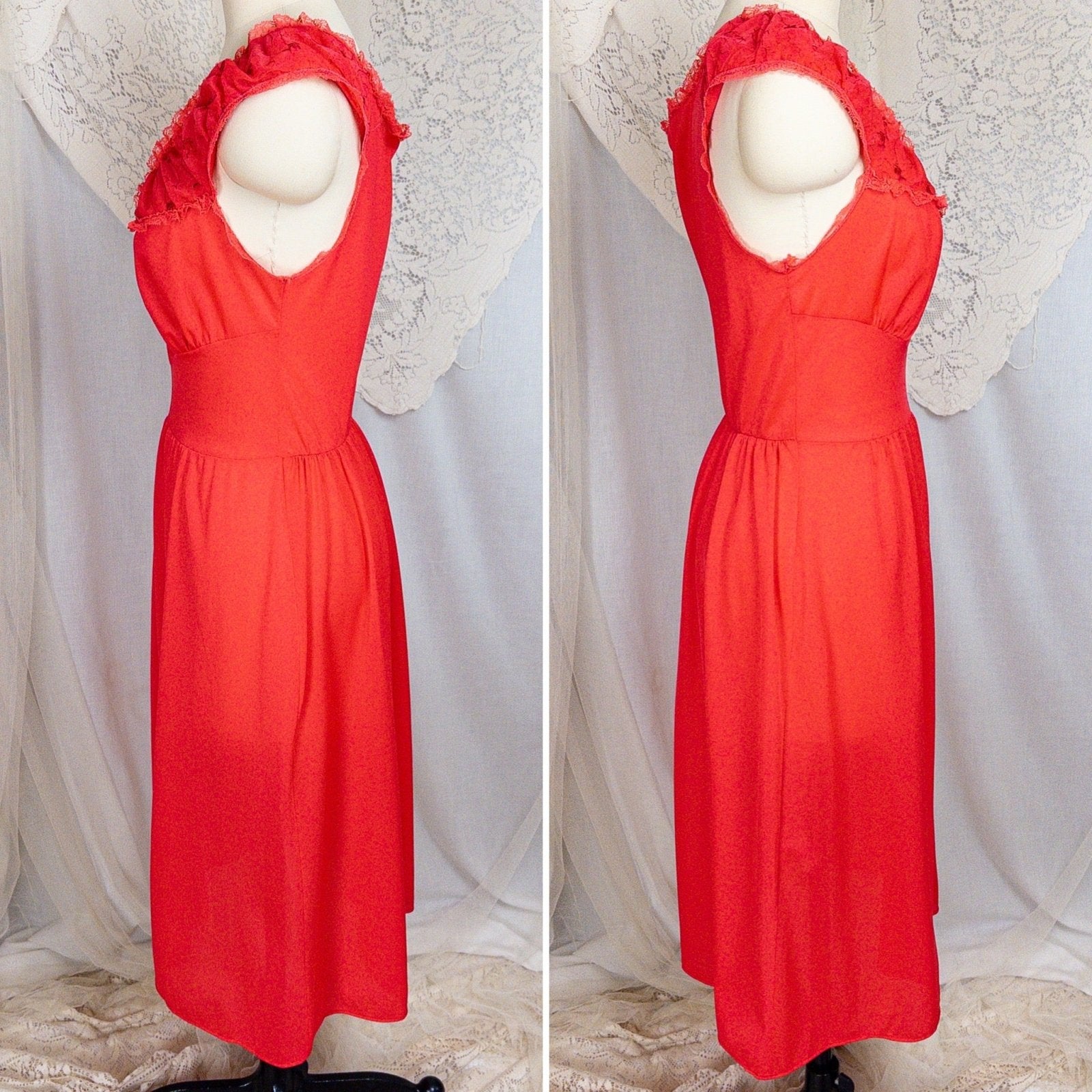 1960's Nightgown - Scarlet Red Nylon with Embroidered Chiffon - Daggers & Dames