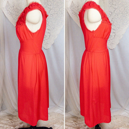 1960's Nightgown - Scarlet Red Nylon with Embroidered Chiffon - Daggers & Dames