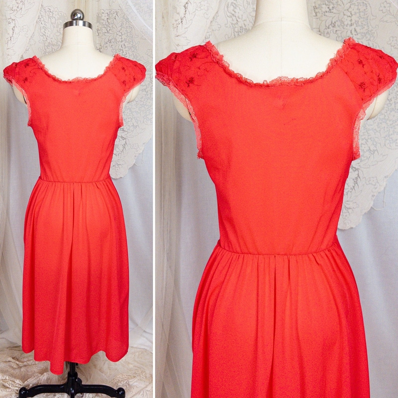 1960's Nightgown - Scarlet Red Nylon with Embroidered Chiffon - Daggers & Dames