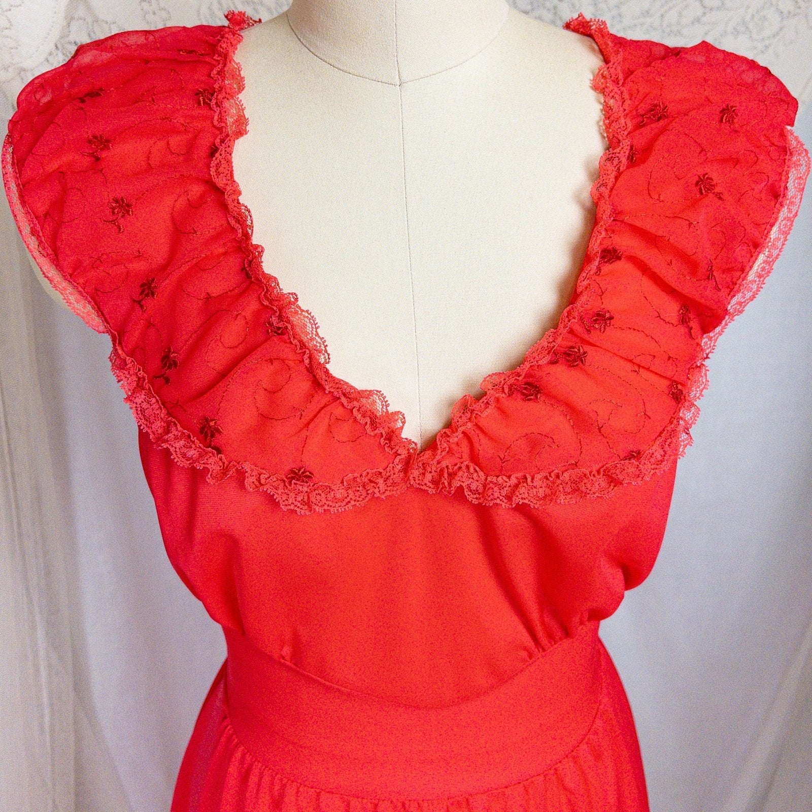 1960's Nightgown - Scarlet Red Nylon with Embroidered Chiffon - Daggers & Dames