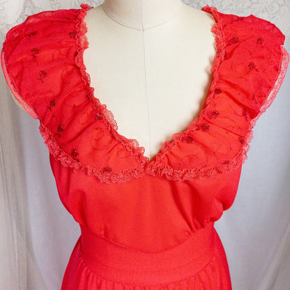 1960's Nightgown - Scarlet Red Nylon with Embroidered Chiffon - Daggers & Dames