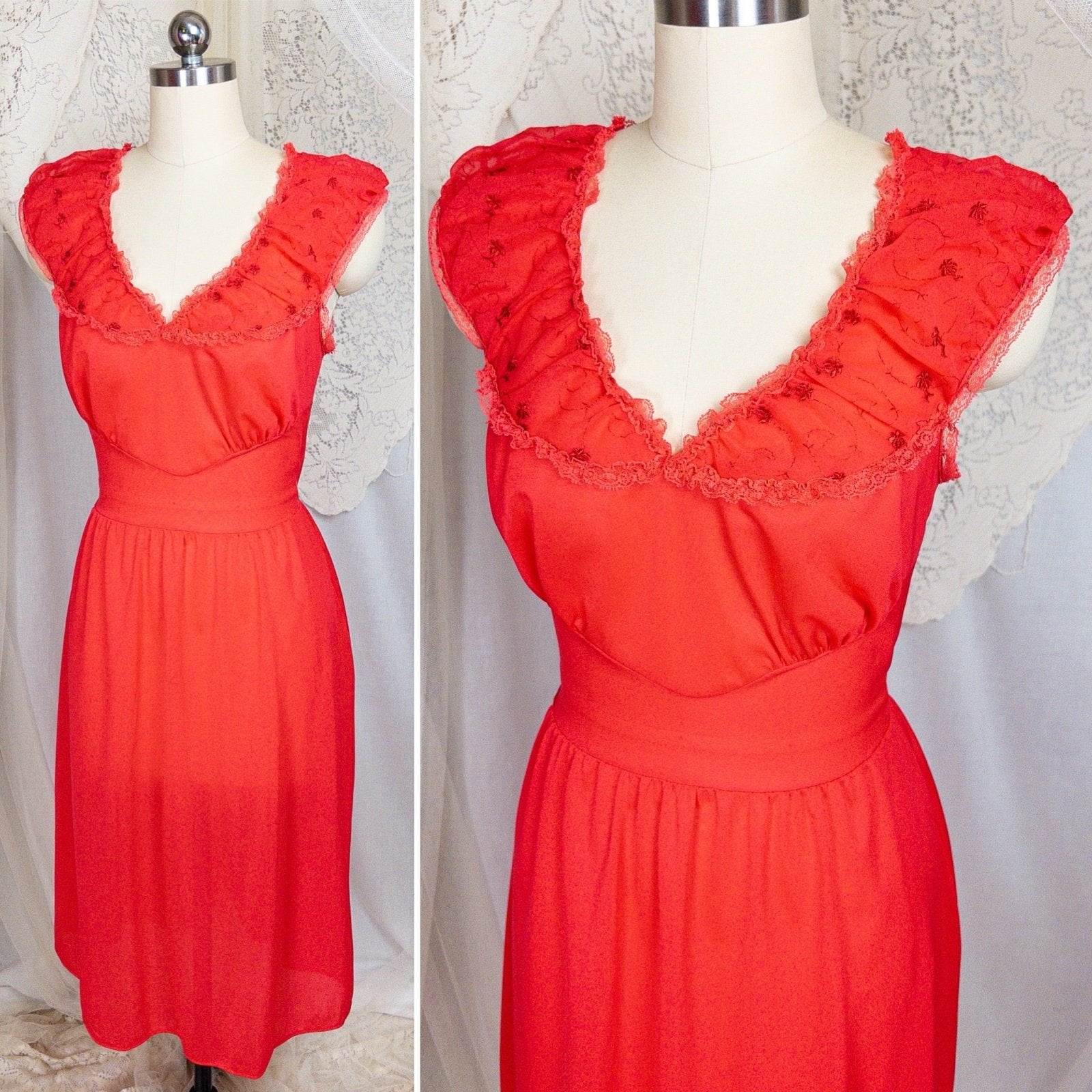 1960's Nightgown - Scarlet Red Nylon with Embroidered Chiffon - Daggers & Dames