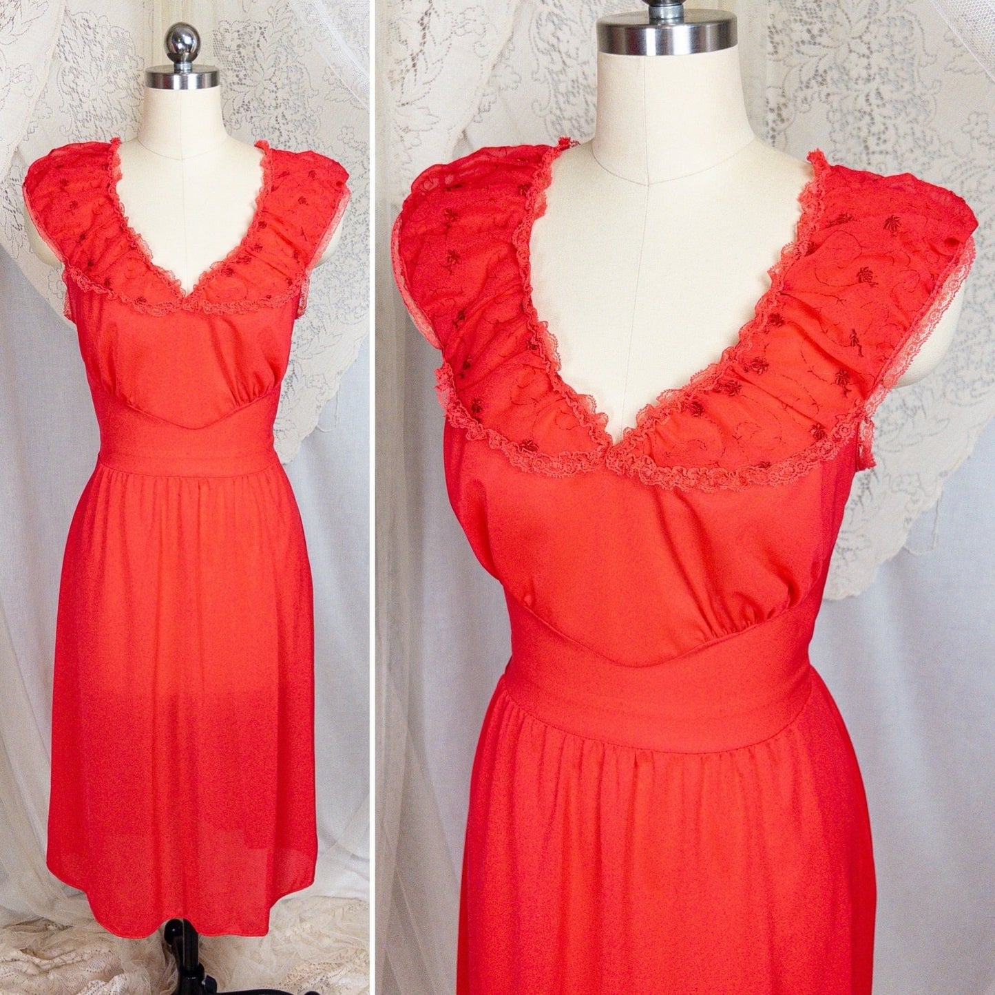 1960's Nightgown - Scarlet Red Nylon with Embroidered Chiffon - Daggers & Dames