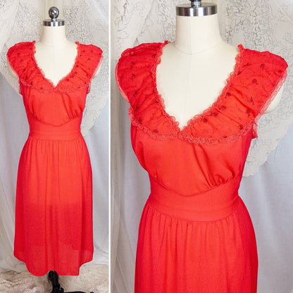 1960's Nightgown - Scarlet Red Nylon with Embroidered Chiffon - Daggers & Dames