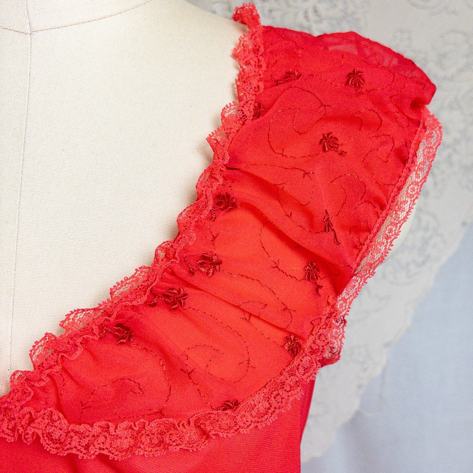 1960's Nightgown - Scarlet Red Nylon with Embroidered Chiffon - Daggers & Dames