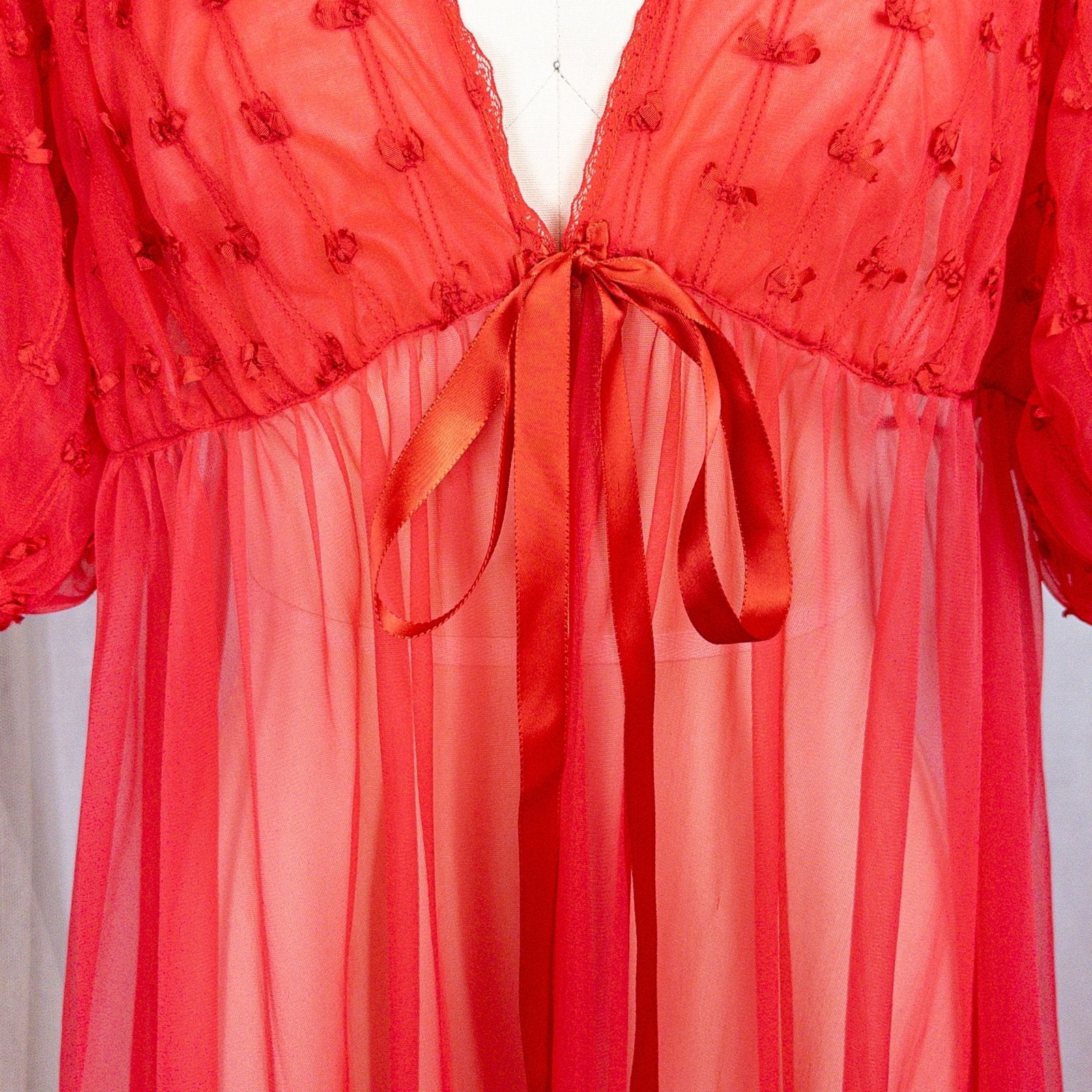1960s Peignoir Robe - Sheer Rose Red Nylon Chiffon with Puffed Sleeves & Ribbon Bow Detail - Daggers & Dames