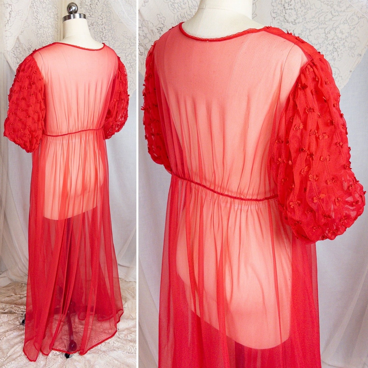 1960s Peignoir Robe - Sheer Rose Red Nylon Chiffon with Puffed Sleeves & Ribbon Bow Detail - Daggers & Dames