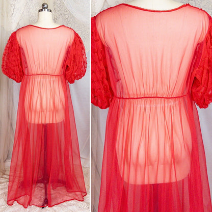 1960s Peignoir Robe - Sheer Rose Red Nylon Chiffon with Puffed Sleeves & Ribbon Bow Detail - Daggers & Dames