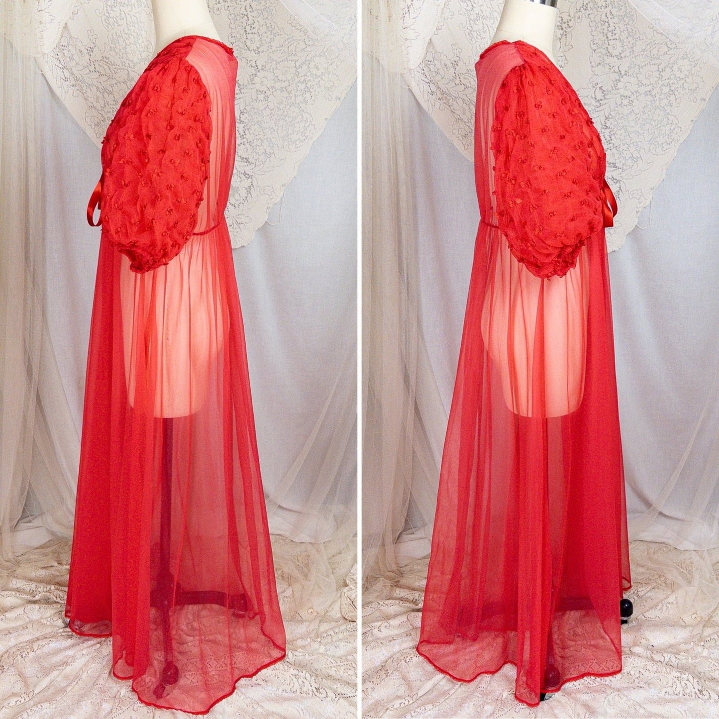1960s Peignoir Robe - Sheer Rose Red Nylon Chiffon with Puffed Sleeves & Ribbon Bow Detail - Daggers & Dames