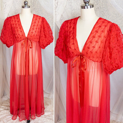 1960s Peignoir Robe - Sheer Rose Red Nylon Chiffon with Puffed Sleeves & Ribbon Bow Detail - Daggers & Dames
