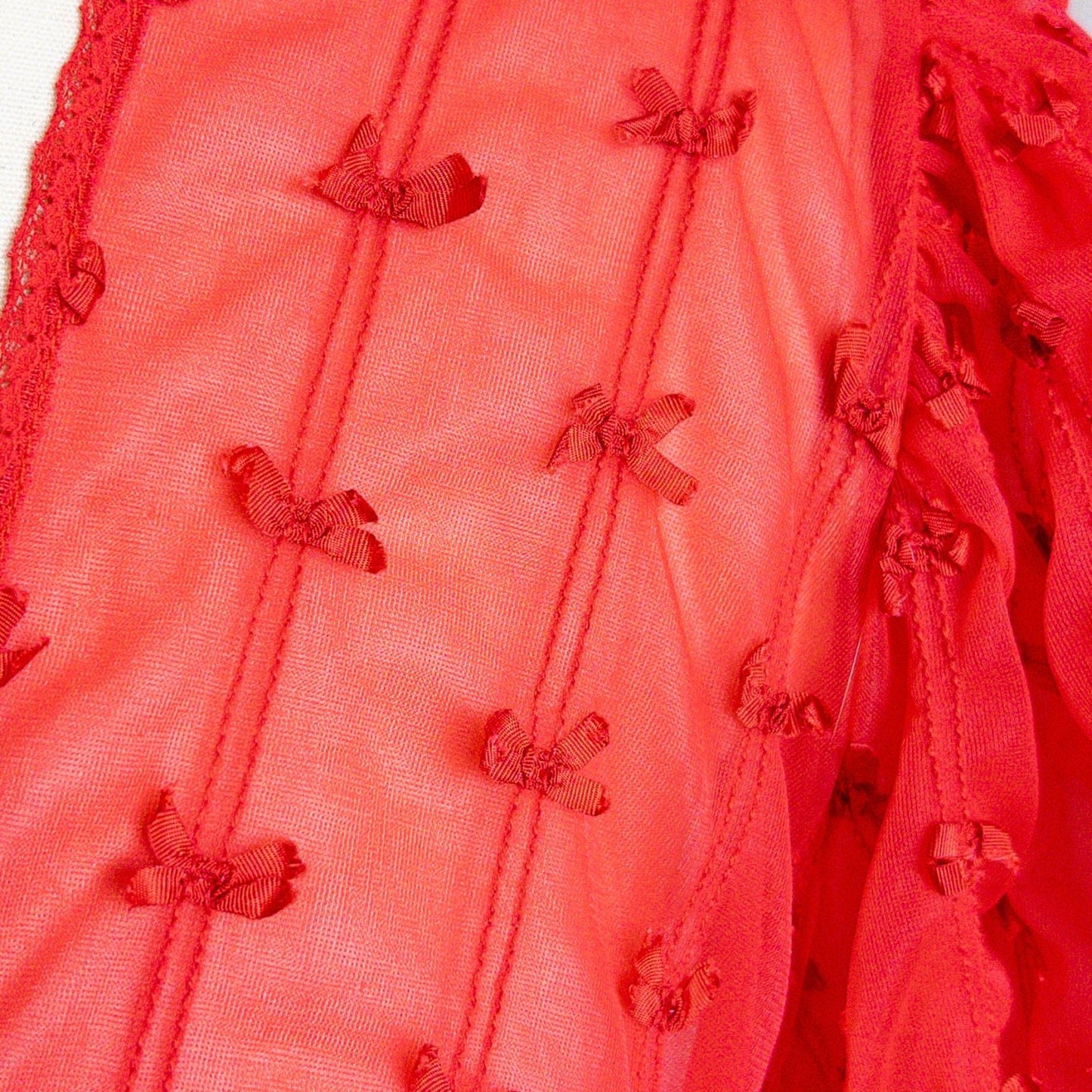 1960s Peignoir Robe - Sheer Rose Red Nylon Chiffon with Puffed Sleeves & Ribbon Bow Detail - Daggers & Dames
