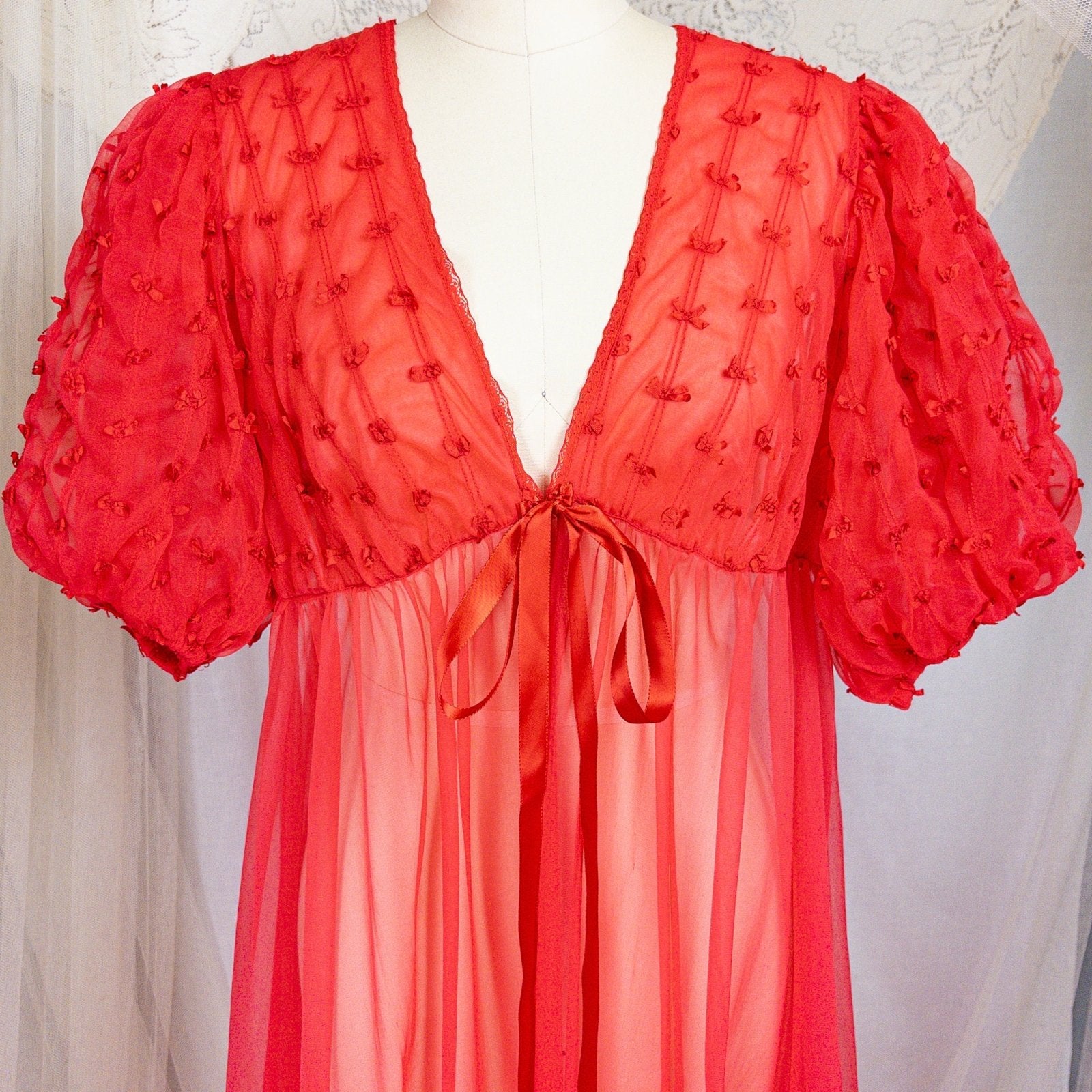 1960s Peignoir Robe - Sheer Rose Red Nylon Chiffon with Puffed Sleeves & Ribbon Bow Detail - Daggers & Dames